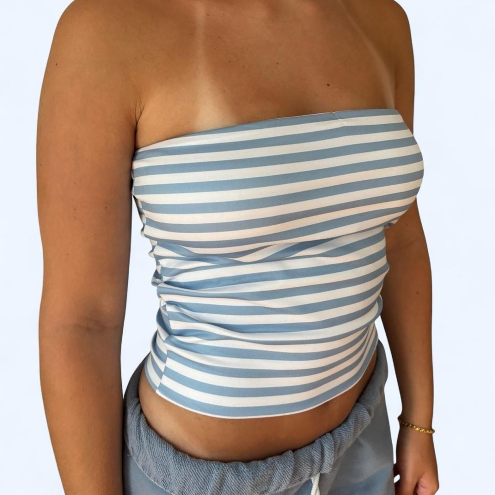White and Blue Strapless Fitted Crop Top